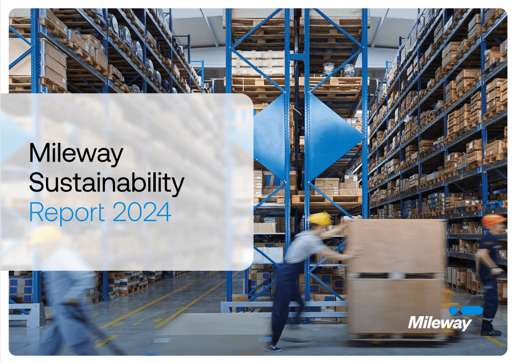 Two workers move a pallet through a large warehouse with tall shelving, overlaid with text: Mileway Sustainability Report 2024.