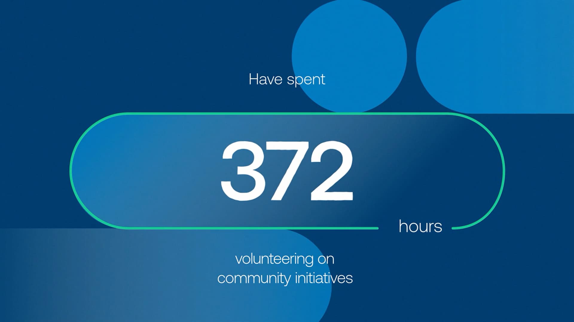 Graphic displaying 372 hours spent volunteering on community initiatives, with a blue background and circular designs.