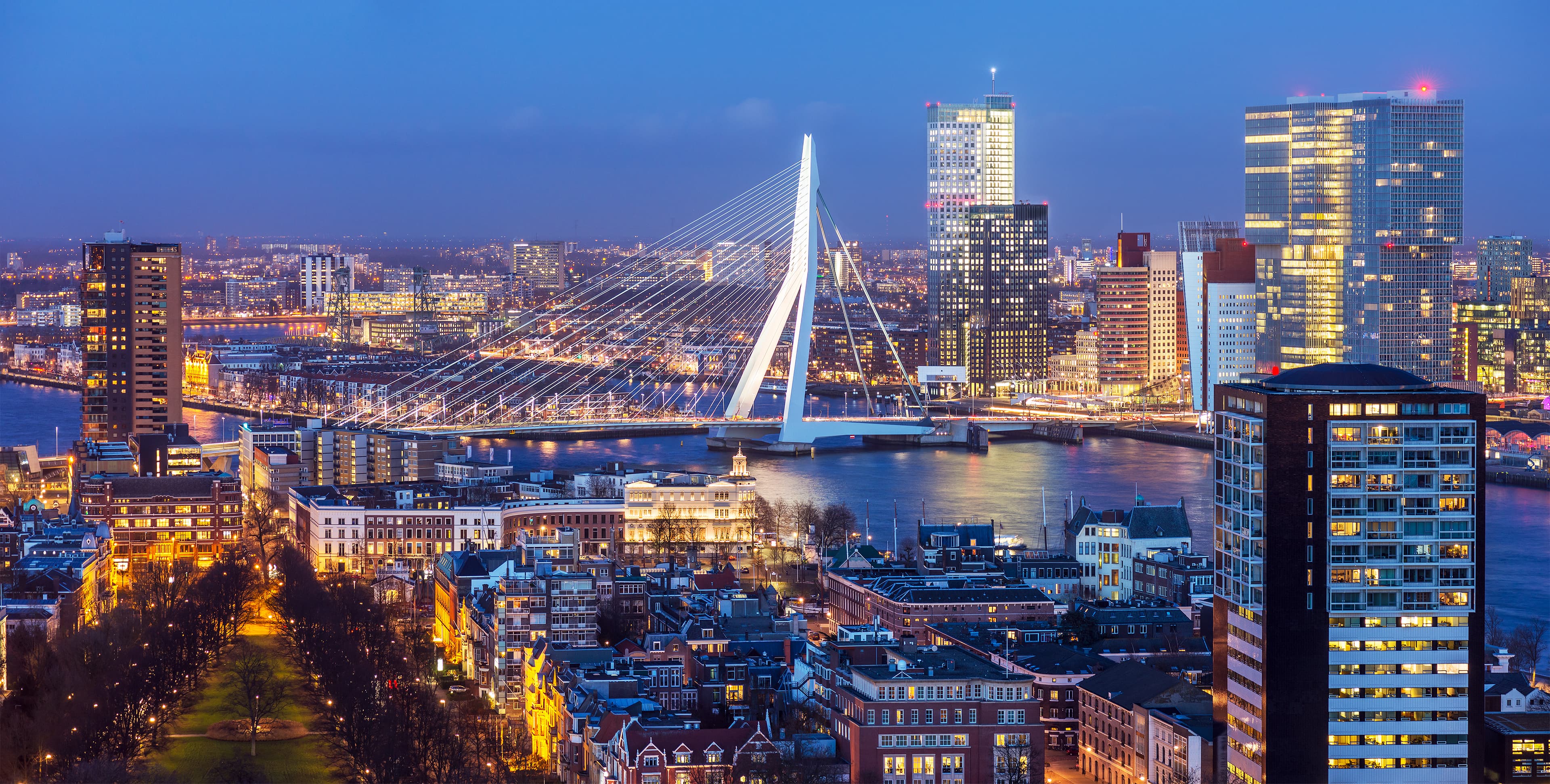 A cityscape view of Rotterdam at twilight, featuring the illuminated Erasmus Bridge spanning across the river, surrounded by lit-up skyscrapers and residential buildings.