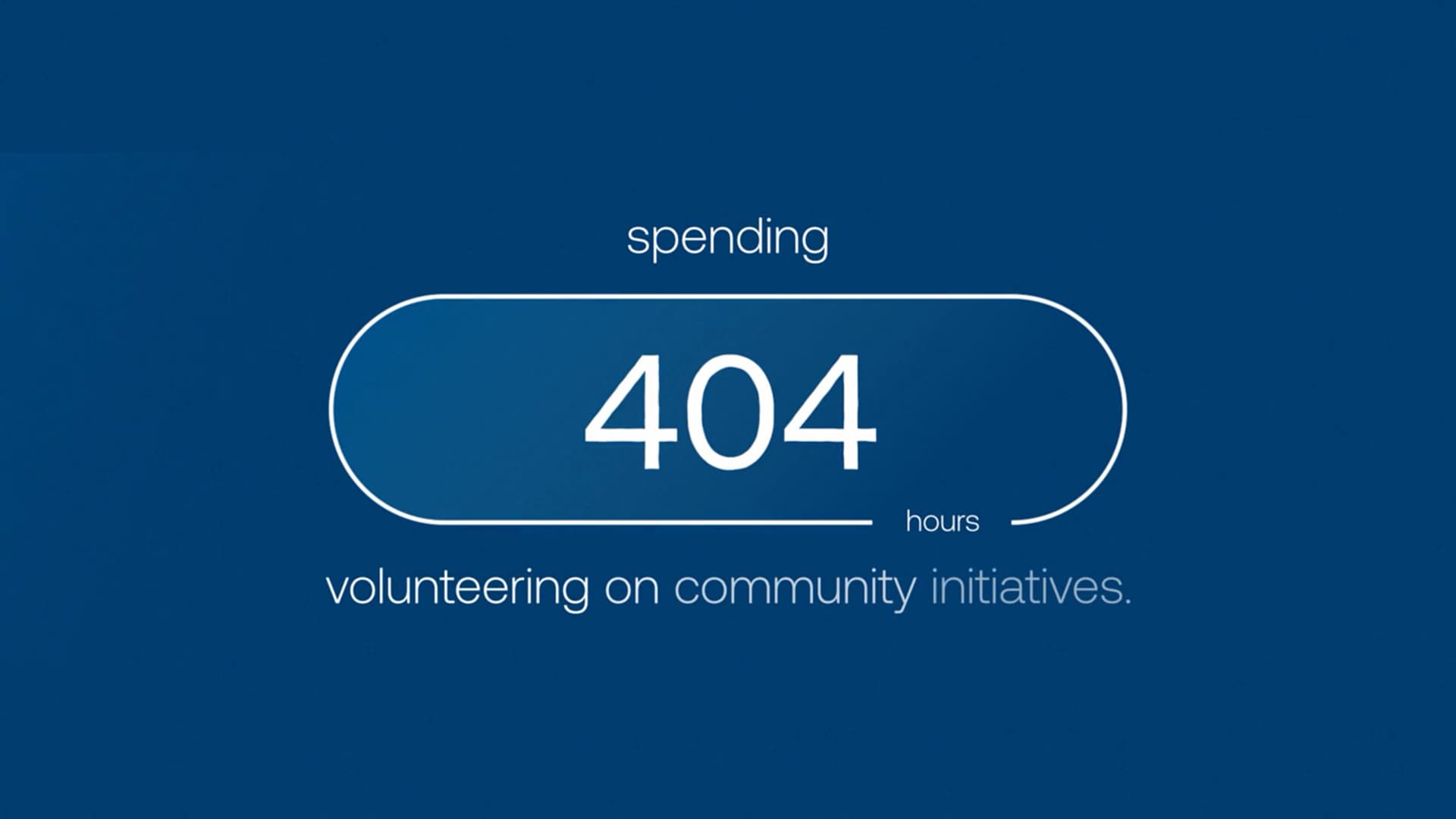 A blue graphic displays 404 hours with text above reading spending and below volunteering on community initiatives.