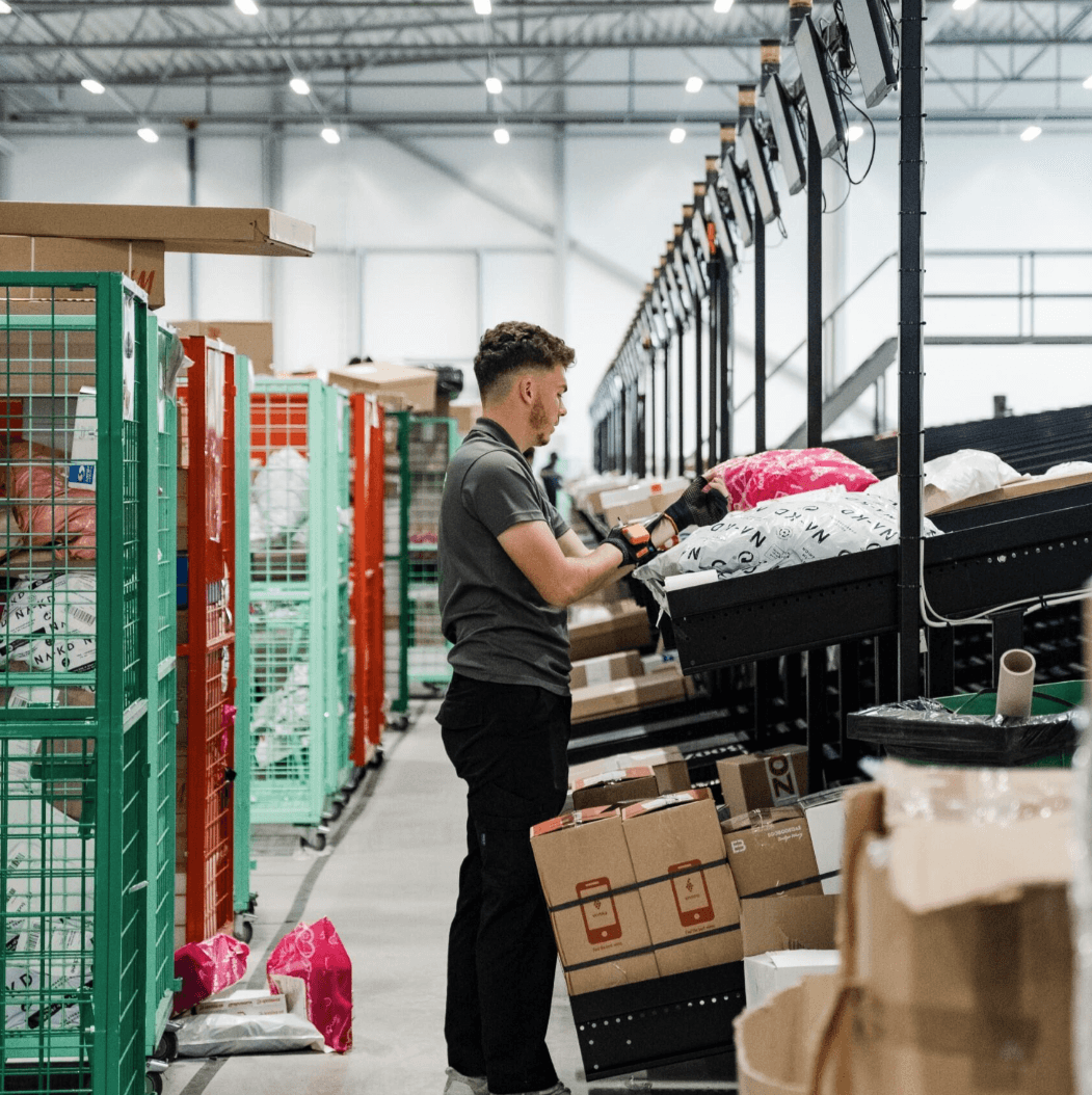 A worker scans packages on a conveyor belt in a warehouse surrounded by parcels and green storage cages.